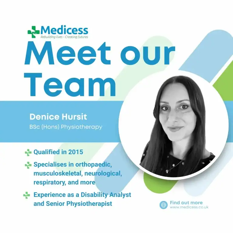 Meet the Team graphic featuring Denice Hursit, Rehabilitation Case Manager and Physiotherapist at Medicess.