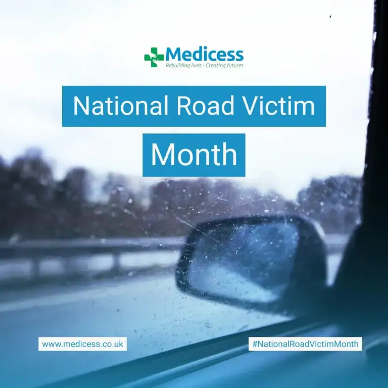 Medicess National Road Victim Month graphic showing a view from inside a car on a wet road.