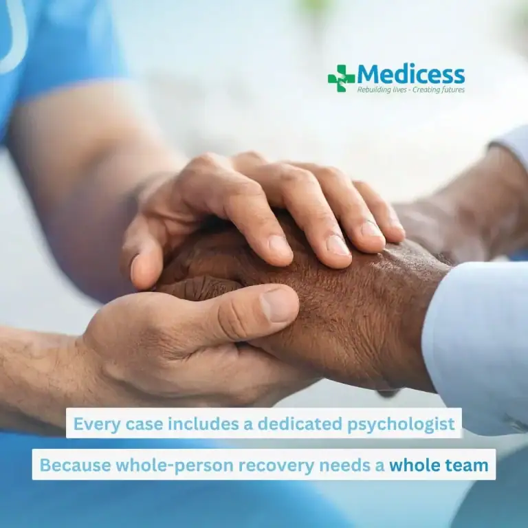 Hands offering support, illustrating the importance of psychological care as part of trauma rehabilitation.