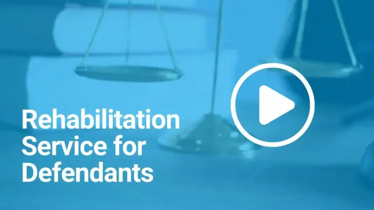 Medicess video thumbnail for the Rehabilitation Service for Defendants, with legal scales in the background.