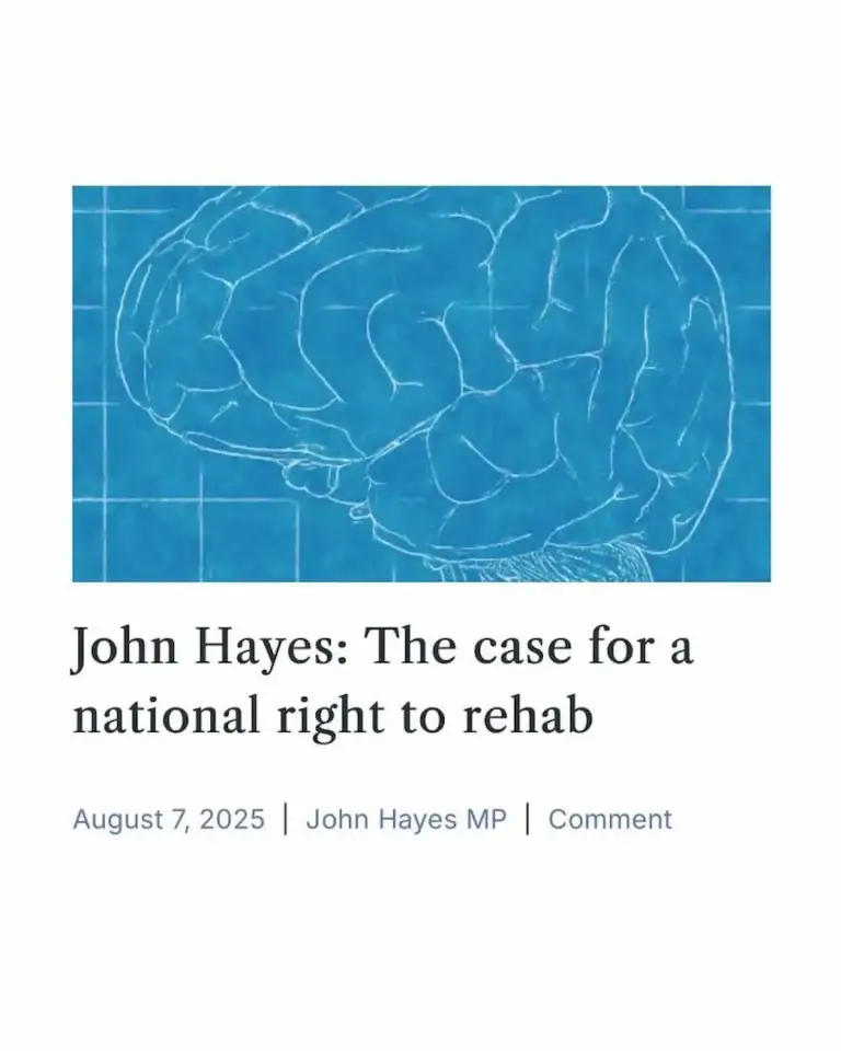 Graphic featuring an article on the case for a national right to rehabilitation, with an illustration of the brain.