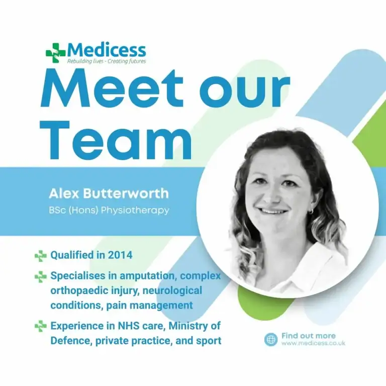 Meet the Team graphic featuring Alex Butterworth, Rehabilitation Case Manager and Physiotherapist at Medicess.