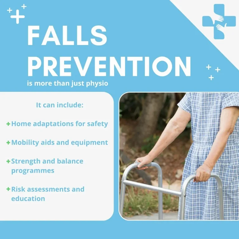 Older person using a walking frame, illustrating falls prevention through home adaptations, mobility aids, strength and balance programmes, and risk assessment.
