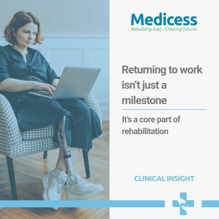 Woman using a laptop while wearing a lower-leg prosthesis, illustrating return to work as part of rehabilitation.